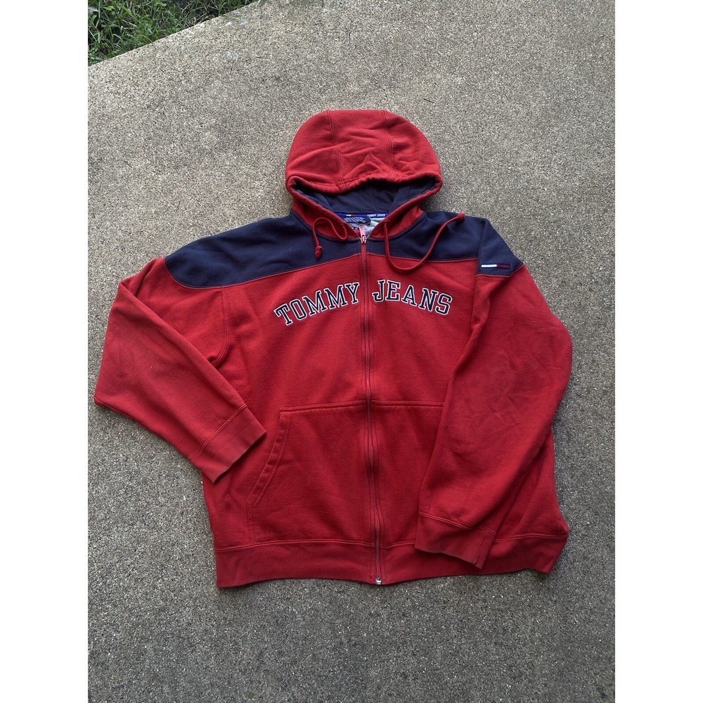 Tommy Jeans Full Zip Up Sweatshirt Hoodie Jacket Mens Size XL Spell Out Red